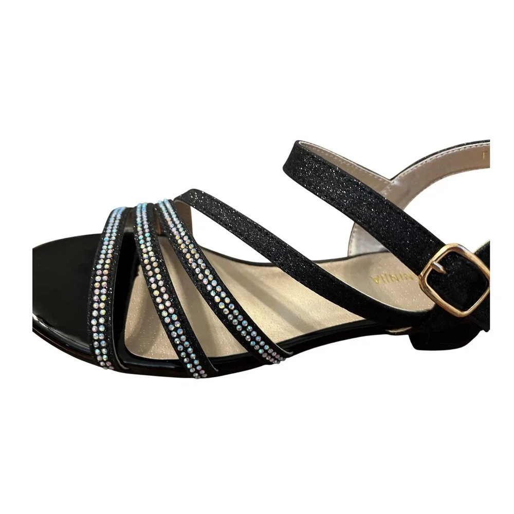 Pandaninija Girls Black Glitter Rhinestone Low Heel Sandals Size‎ 6 NWB